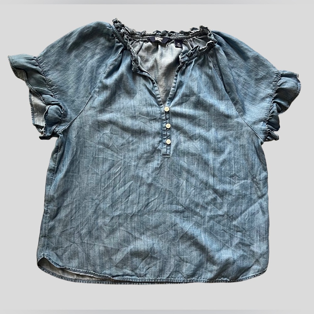 Lands’ End Chambray Ruffle Neck Blouse Medium - Picture 6 of 13